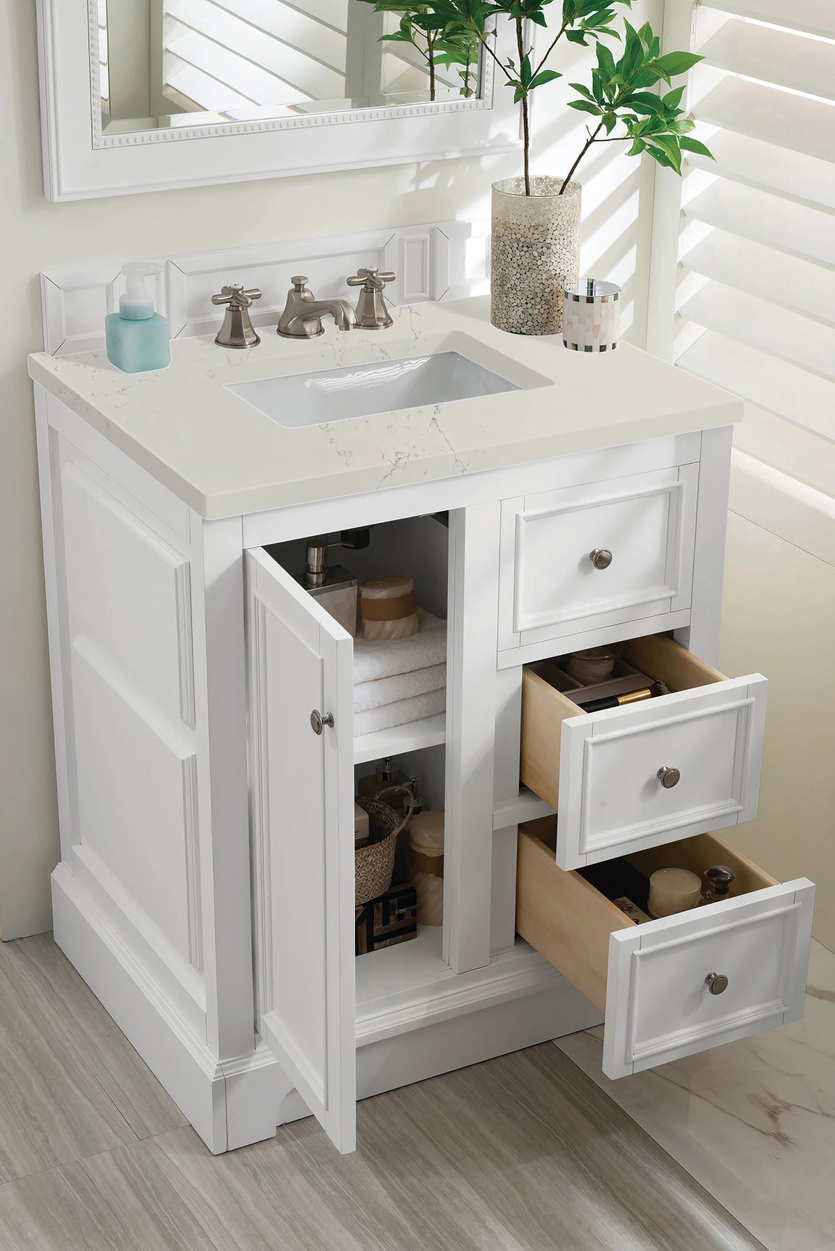 De Soto 30" Single Vanity, Bright White, w/ 3 CM Siberian Silestone Top, view 5