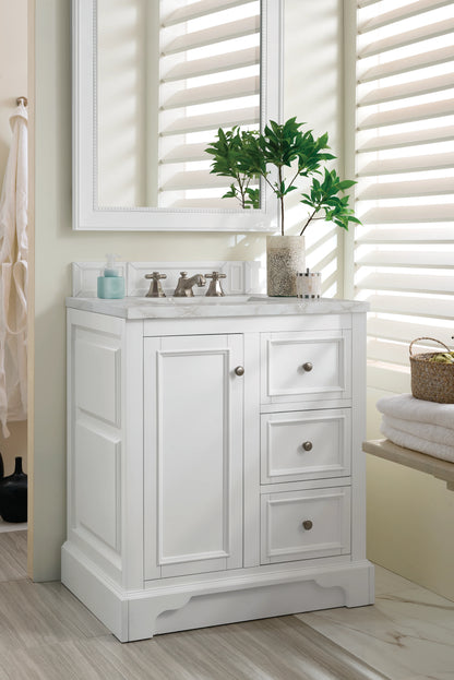 De Soto 30" Single Vanity, Bright White w/ 3 CM Victorian Silver Silestone Top, view 4