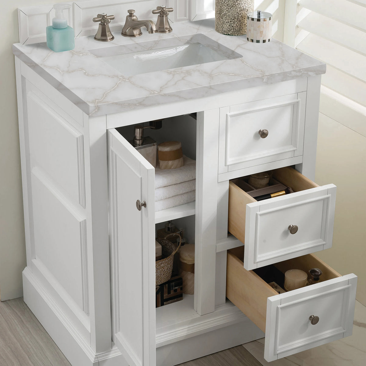 De Soto 30" Single Vanity, Bright White w/ 3 CM Victorian Silver Silestone Top, view 5