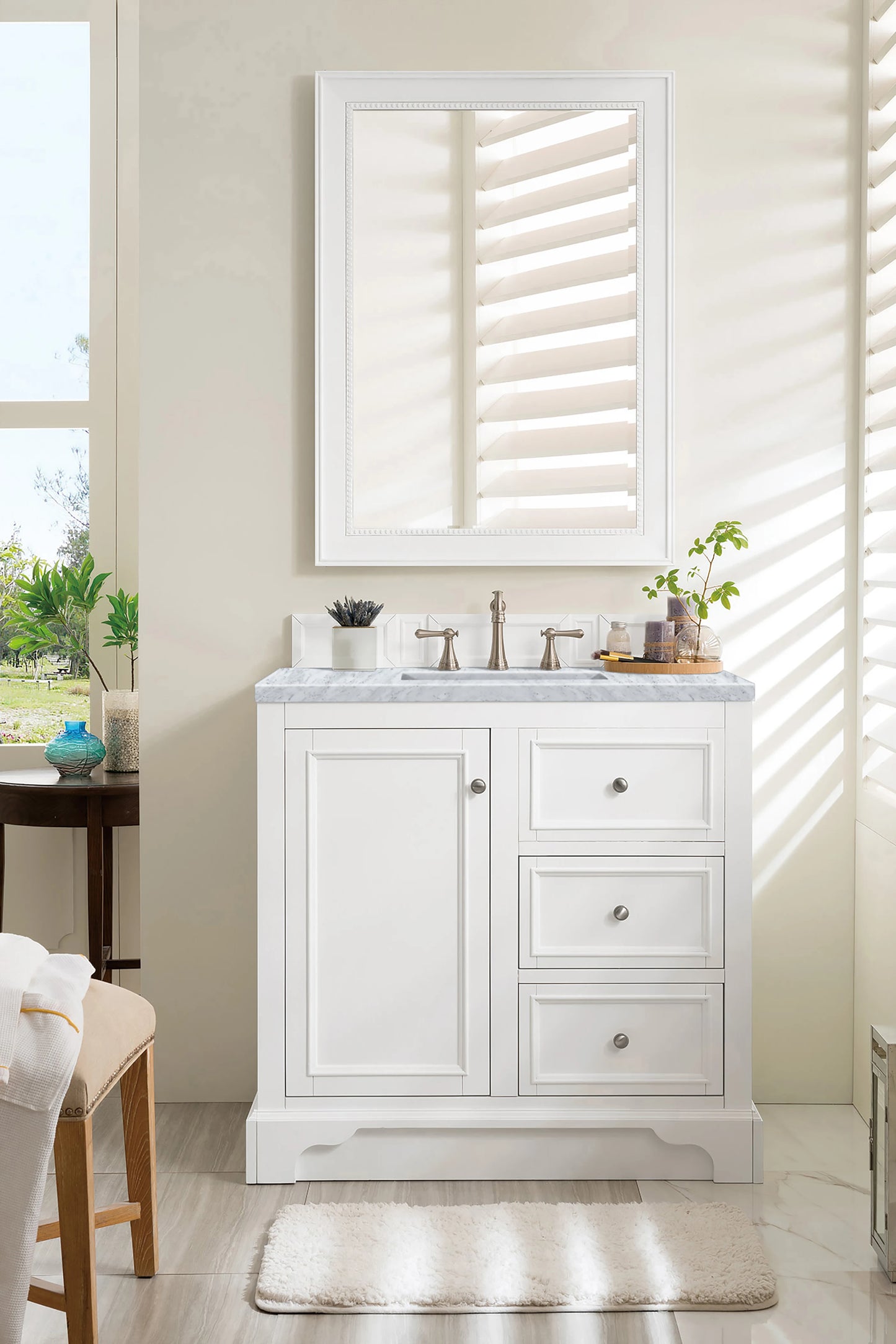 De Soto 36" Single Vanity, Bright White w/ 3 CM Carrara Marble Top, view 3