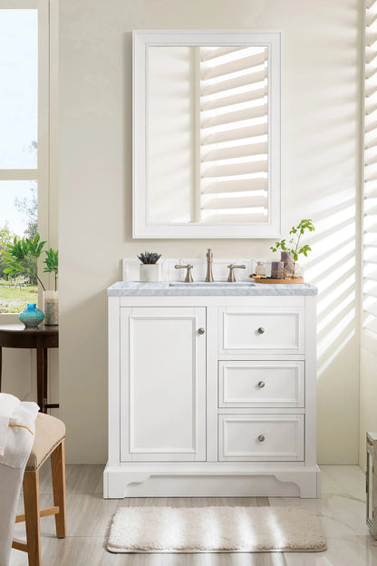 De Soto 36" Single Vanity, Bright White w/ 3 CM Carrara Marble Top, view 3