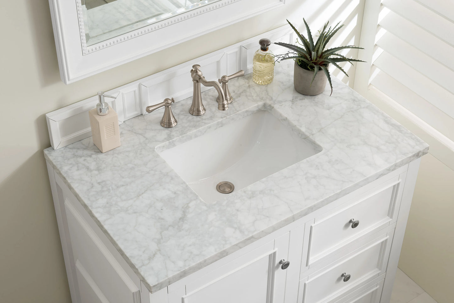 De Soto 36" Single Vanity, Bright White w/ 3 CM Carrara Marble Top, view 4