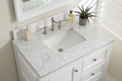 De Soto 36" Single Vanity, Bright White w/ 3 CM Carrara Marble Top, view 6
