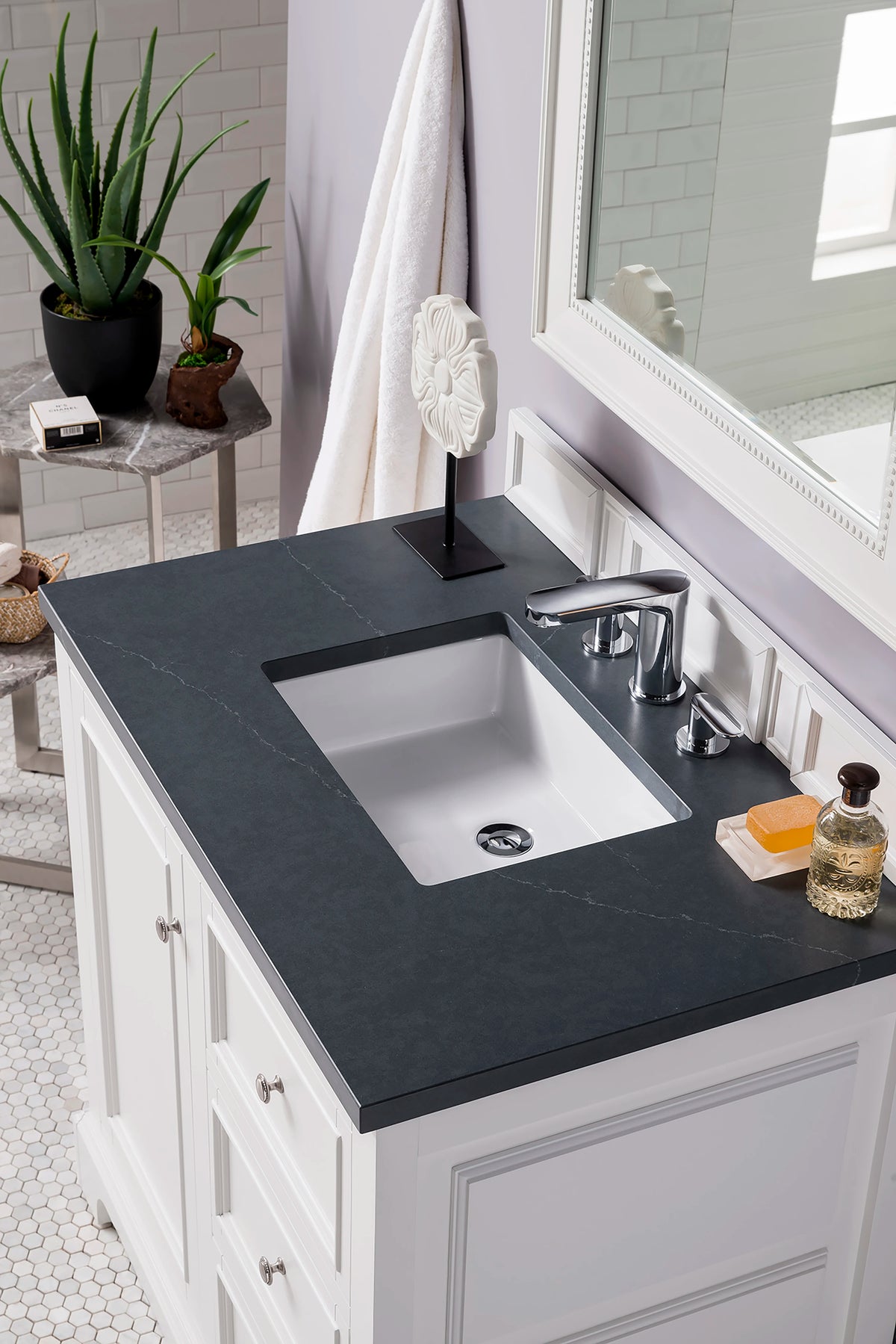 De Soto 36" Single Vanity, Bright White w/ 3 CM Charcoal Soapstone Silestone Top, view 6
