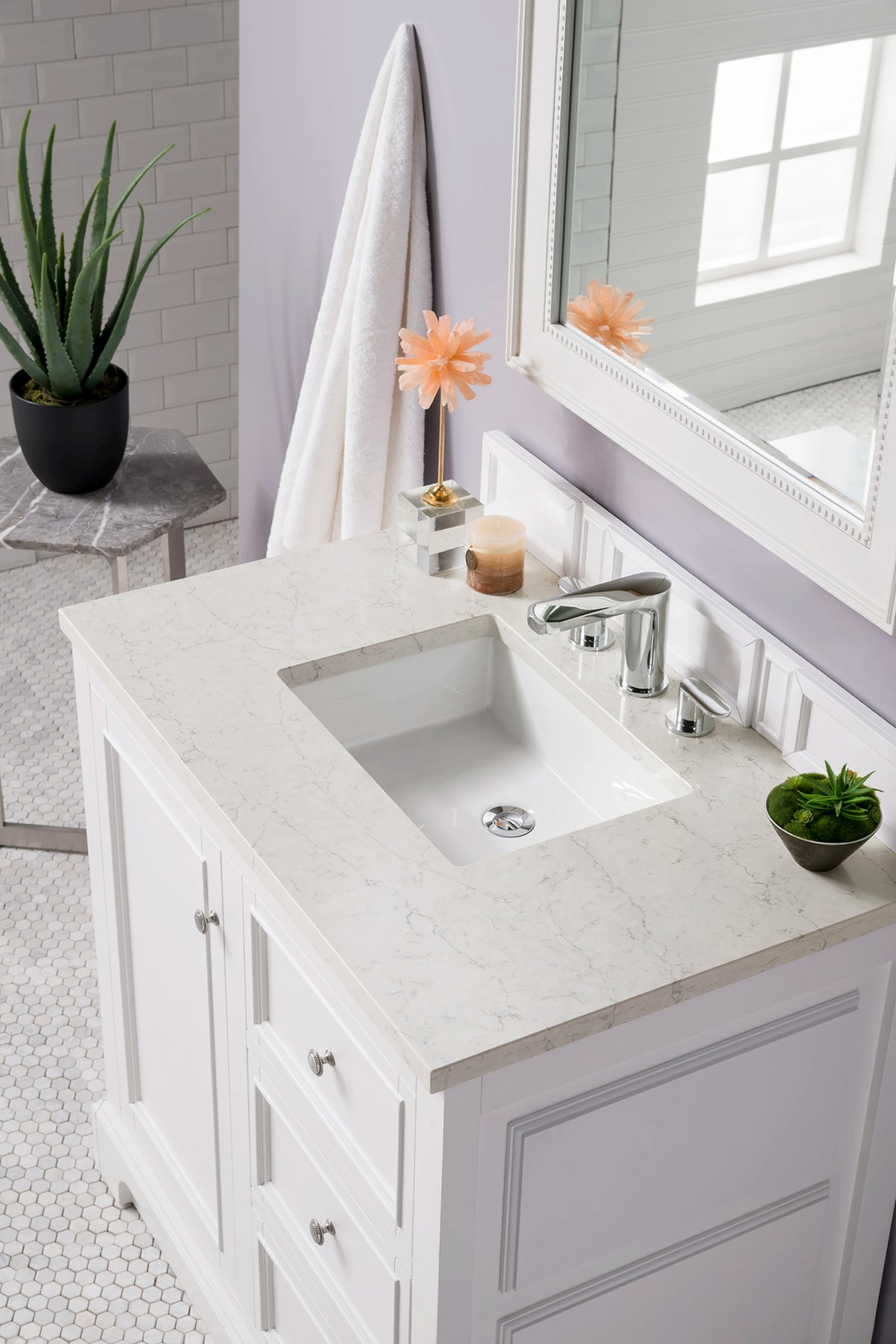 De Soto 36" Single Vanity, Bright White w/ 3 CM Eternal Jasmine Pearl Silestone Top, view 4