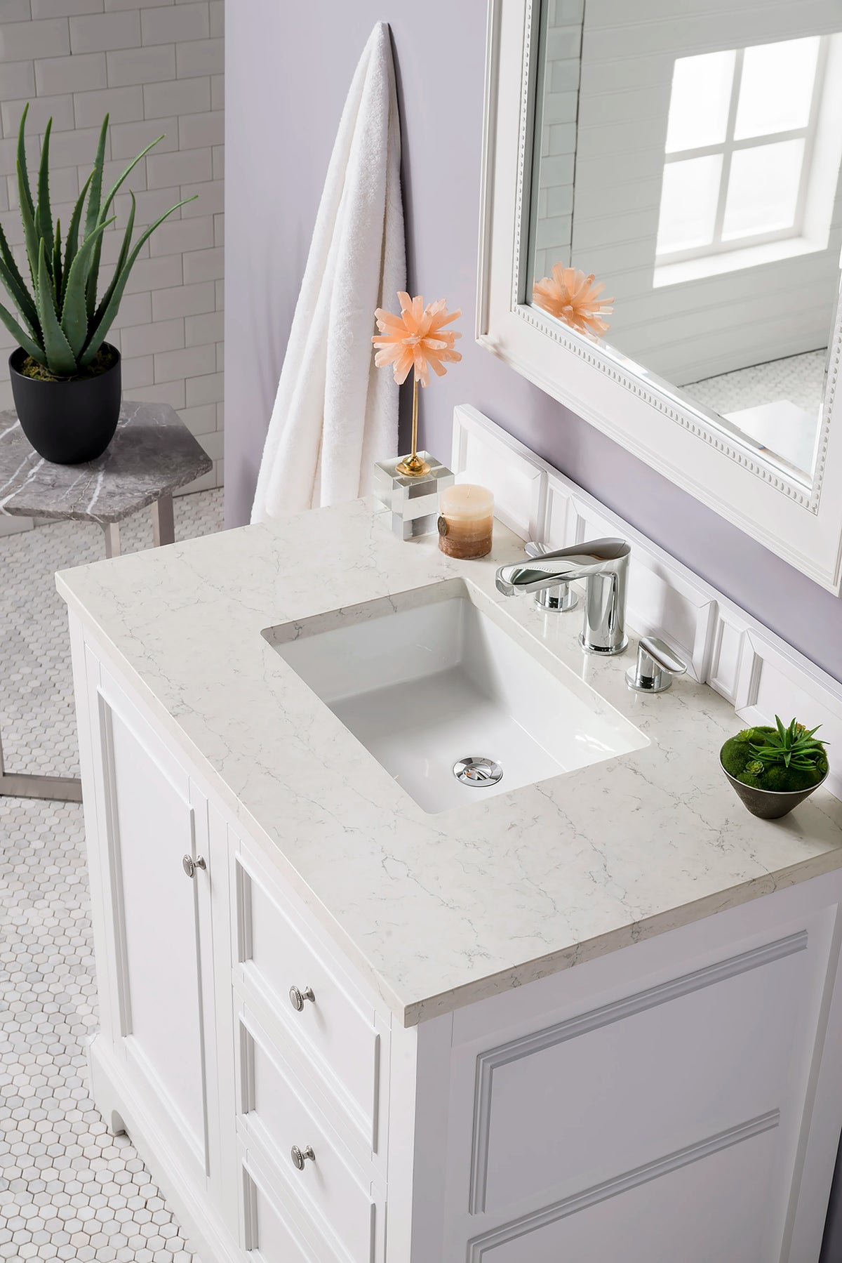 De Soto 36" Single Vanity, Bright White w/ 3 CM Eternal Jasmine Pearl Silestone Top, view 6