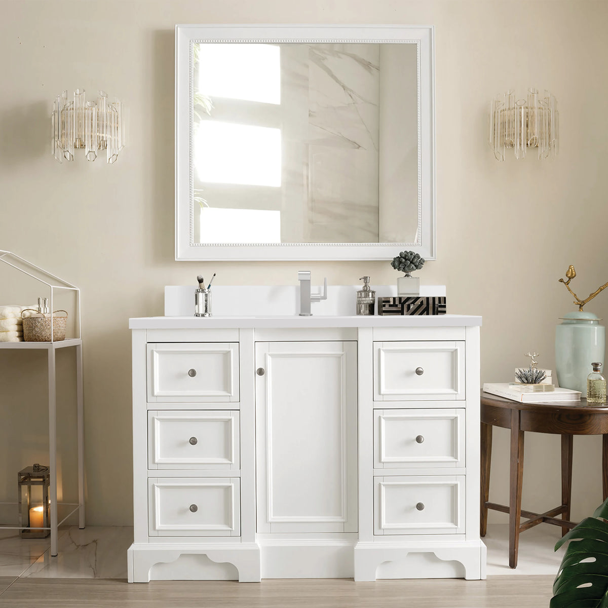 De Soto 48" Single Vanity, Bright White w/ Single Hole 3 CM White Zeus Silestone Top & Backsplash, view 3