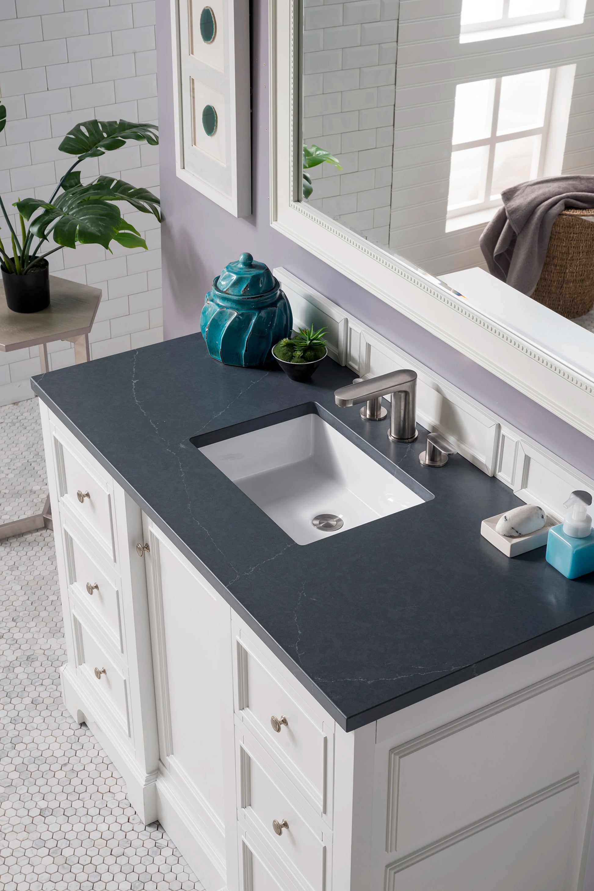 De Soto 48" Single Vanity, Bright White w/ 3 CM Charcoal Soapstone Silestone Top, view 4