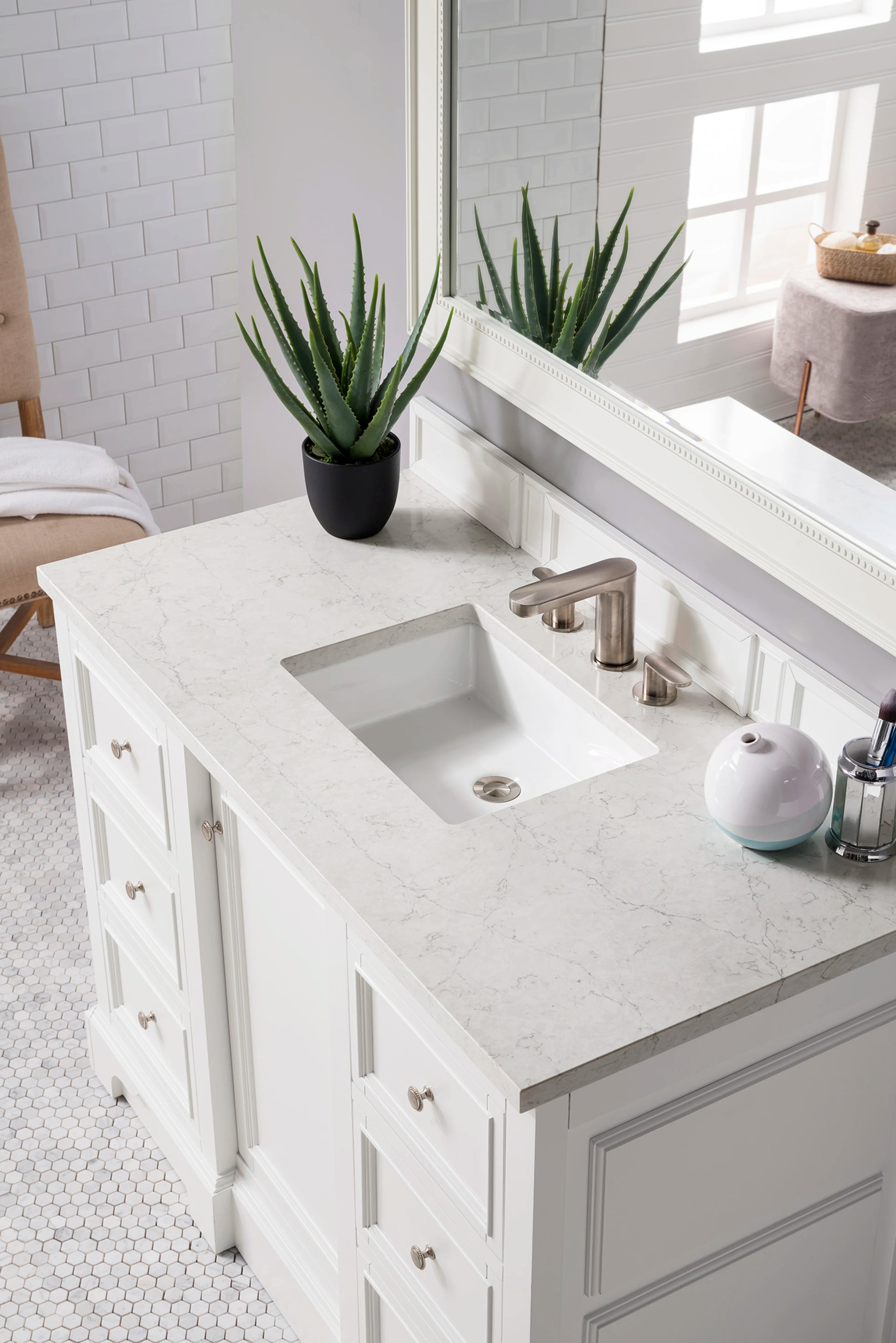 De Soto 48" Single Vanity, Bright White w/ 3 CM Eternal Jasmine Pearl Silestone Top, view 4