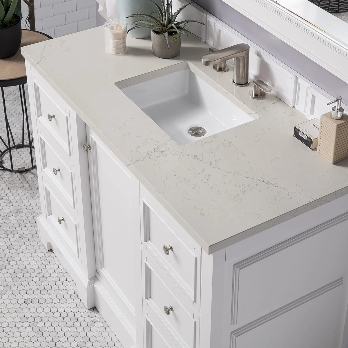 De Soto 48" Single Vanity, Bright White, w/ 3 CM Siberian Silestone Top, view 7