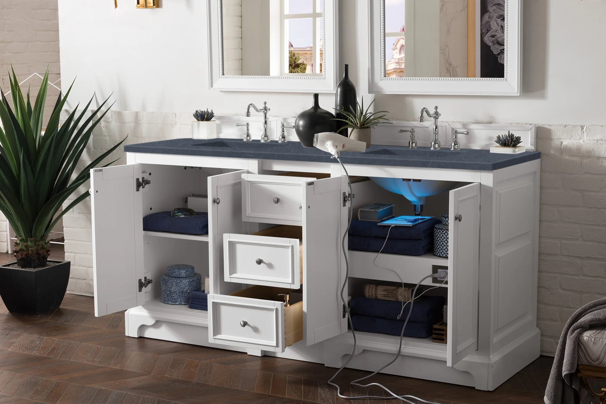 Renovate for Less Atlanta De Soto 72" Double Vanity, Bright White w/ 3 CM Charcoal Soapstone Silestone Top, view 4