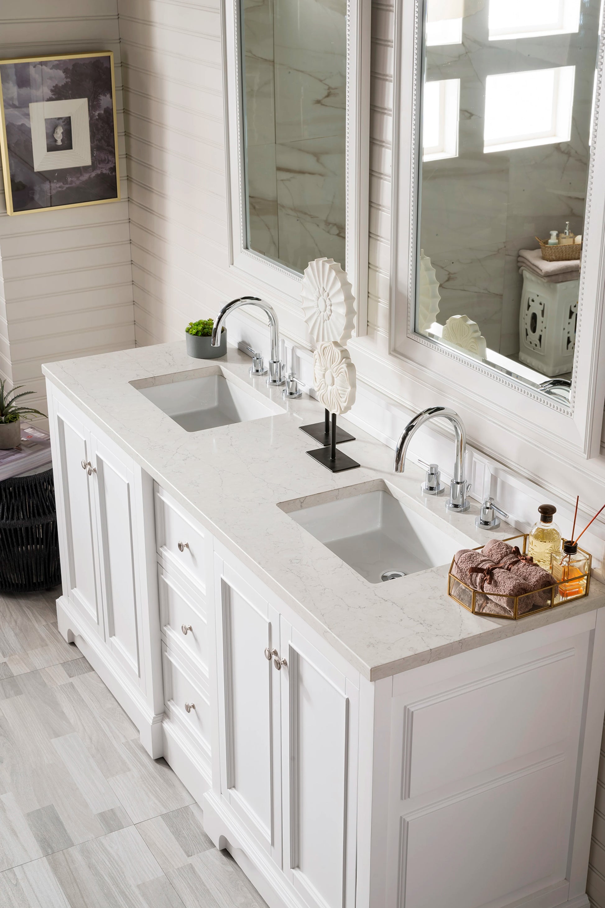 Renovate for Less Atlanta De Soto 72" Double Vanity, Bright White w/ 3 CM Eternal Jasmine Pearl Silestone Top, view 3