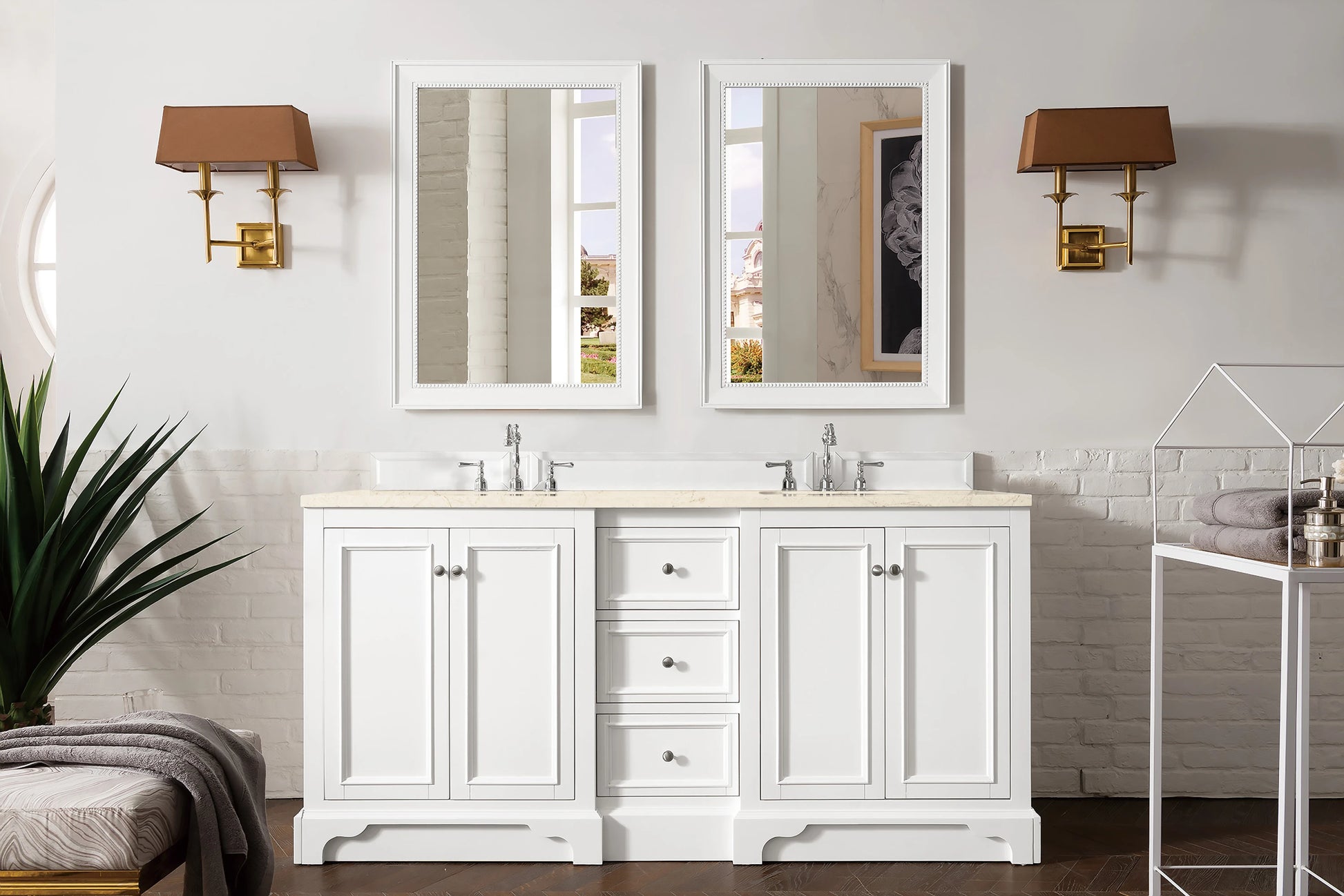 Renovate for Less Atlanta De Soto 72" Double Vanity, Bright White w/ 3 CM Eternal Marfil Silestone Top, view 2