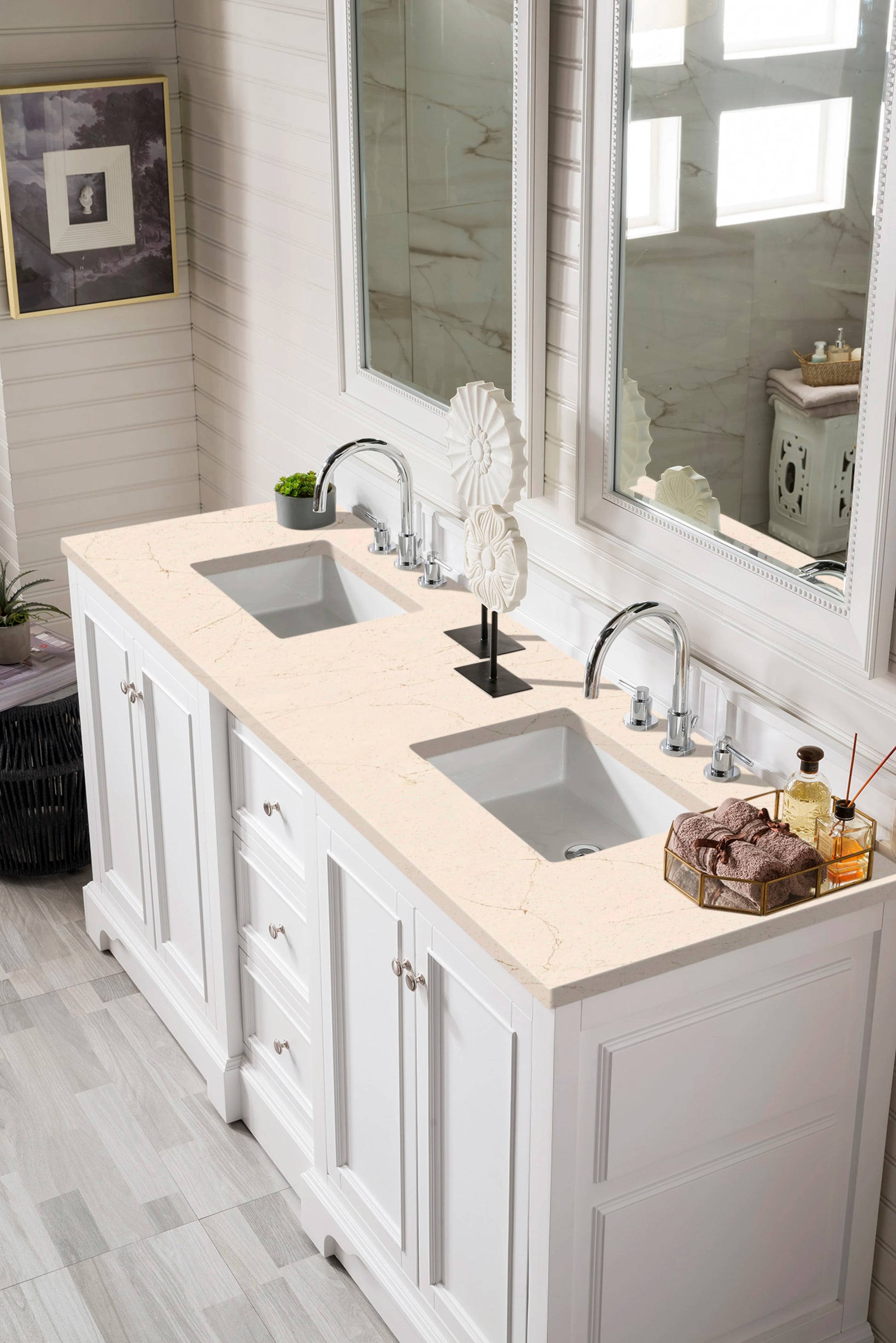 Renovate for Less Atlanta De Soto 72" Double Vanity, Bright White w/ 3 CM Eternal Marfil Silestone Top, view 3