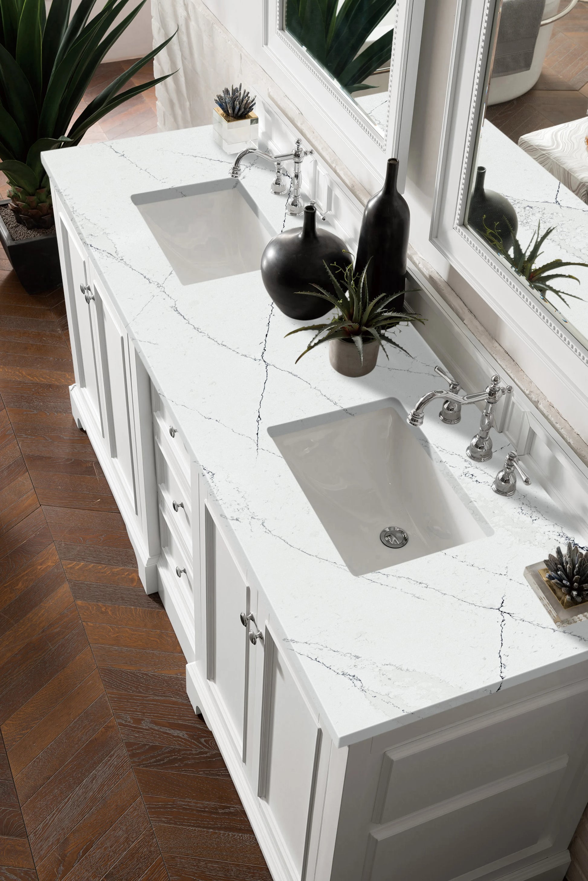 Renovate for Less Atlanta De Soto 72" Double Vanity, Bright White w/ 3 CM Ethereal Noctis Silestone Top, view 3