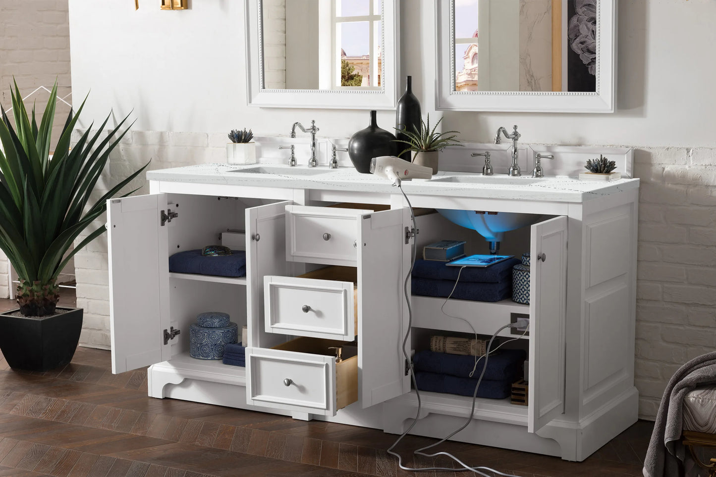 Renovate for Less Atlanta De Soto 72" Double Vanity, Bright White w/ 3 CM Ethereal Noctis Silestone Top, view 4