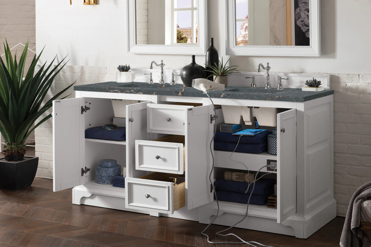 Renovate for Less Atlanta De Soto 72" Double Vanity, Bright White w/ 3 CM Parisien Bleu Silestone Top, view 4