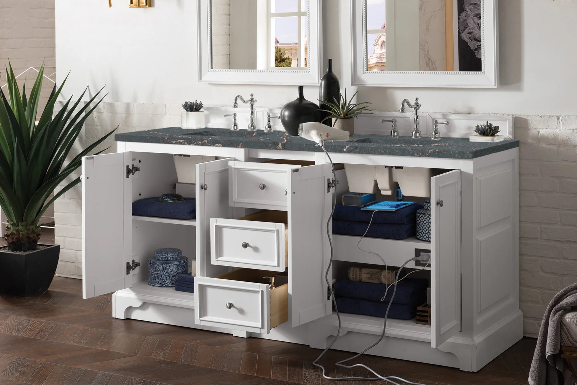 Renovate for Less Atlanta De Soto 72" Double Vanity, Bright White w/ 3 CM Parisien Bleu Silestone Top, view 4
