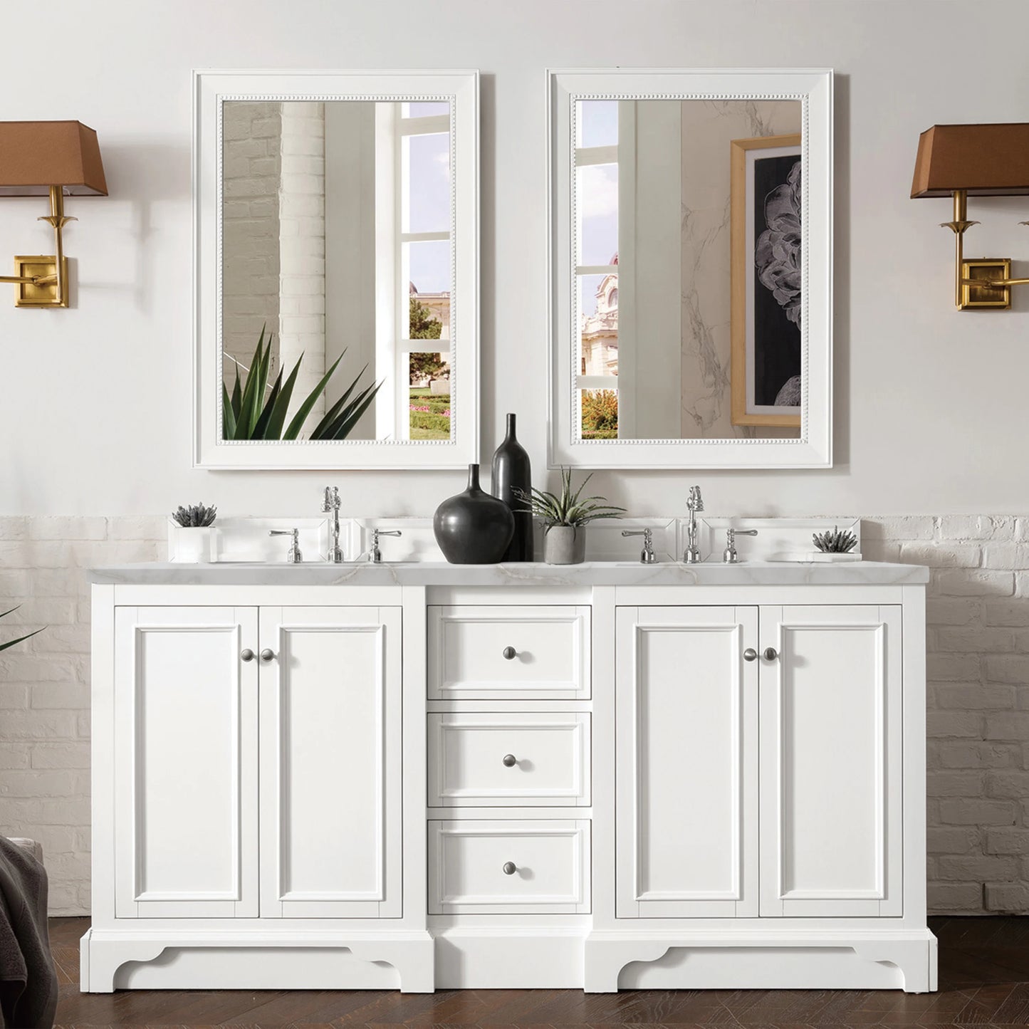 Renovate for Less Atlanta De Soto 72" Double Vanity, Bright White w/ 3 CM Victorian Silver Silestone Top, view 2