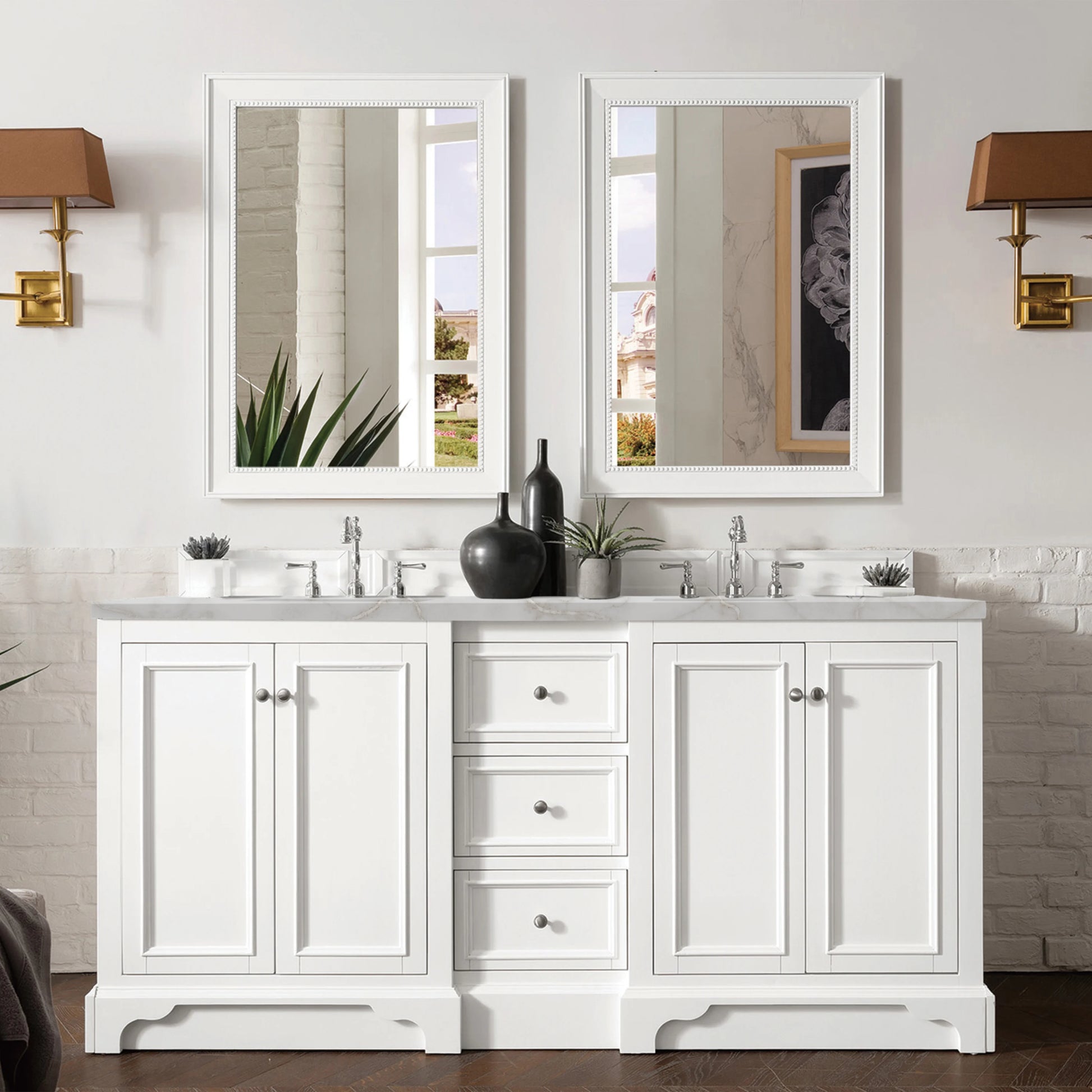 Renovate for Less Atlanta De Soto 72" Double Vanity, Bright White w/ 3 CM Victorian Silver Silestone Top, view 2