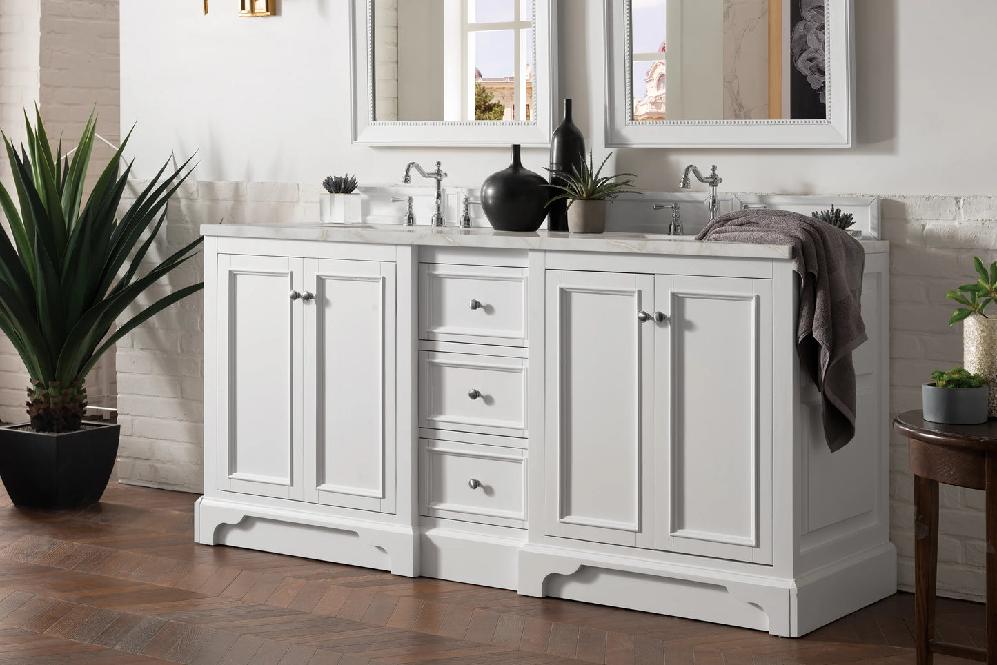 Renovate for Less Atlanta De Soto 72" Double Vanity, Bright White w/ 3 CM Victorian Silver Silestone Top, view 3