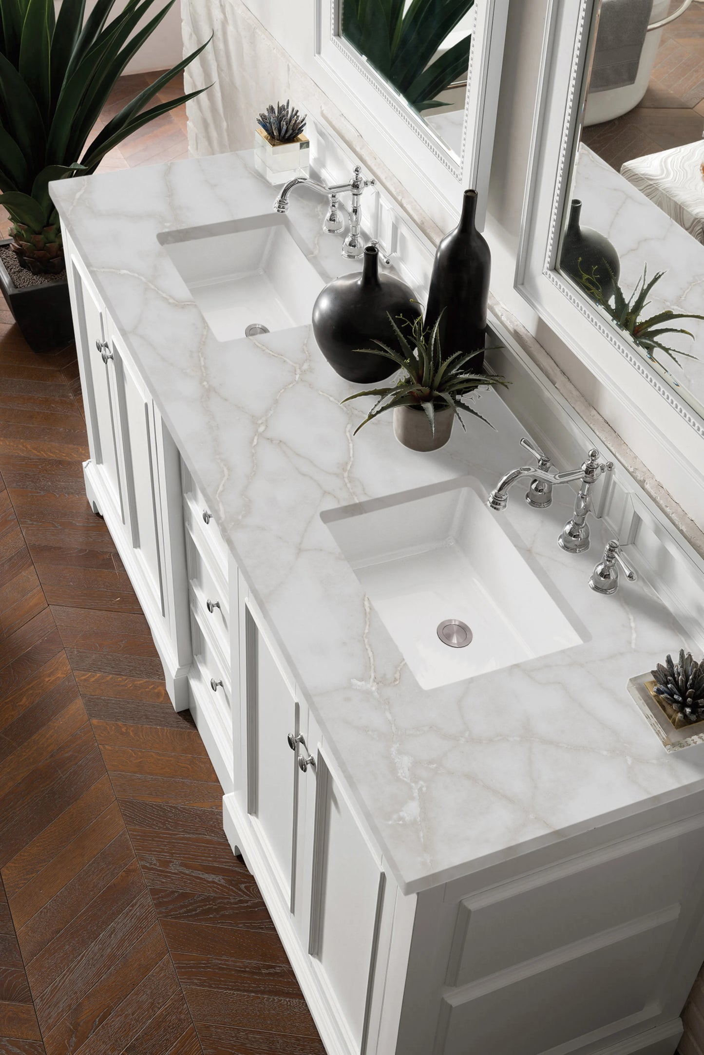Renovate for Less Atlanta De Soto 72" Double Vanity, Bright White w/ 3 CM Victorian Silver Silestone Top, view 5