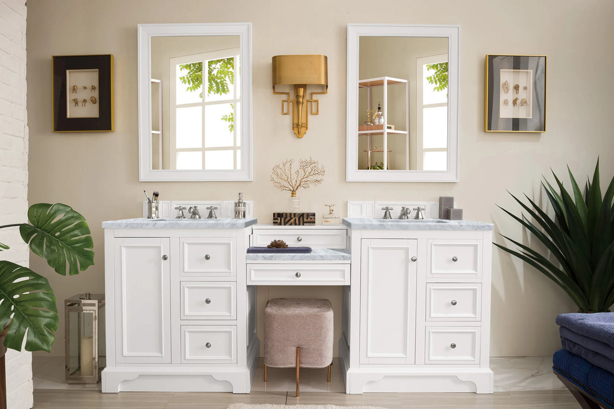 De Soto 82" Double Vanity Set, Bright White w/ 3 CM Carrara Marble Top