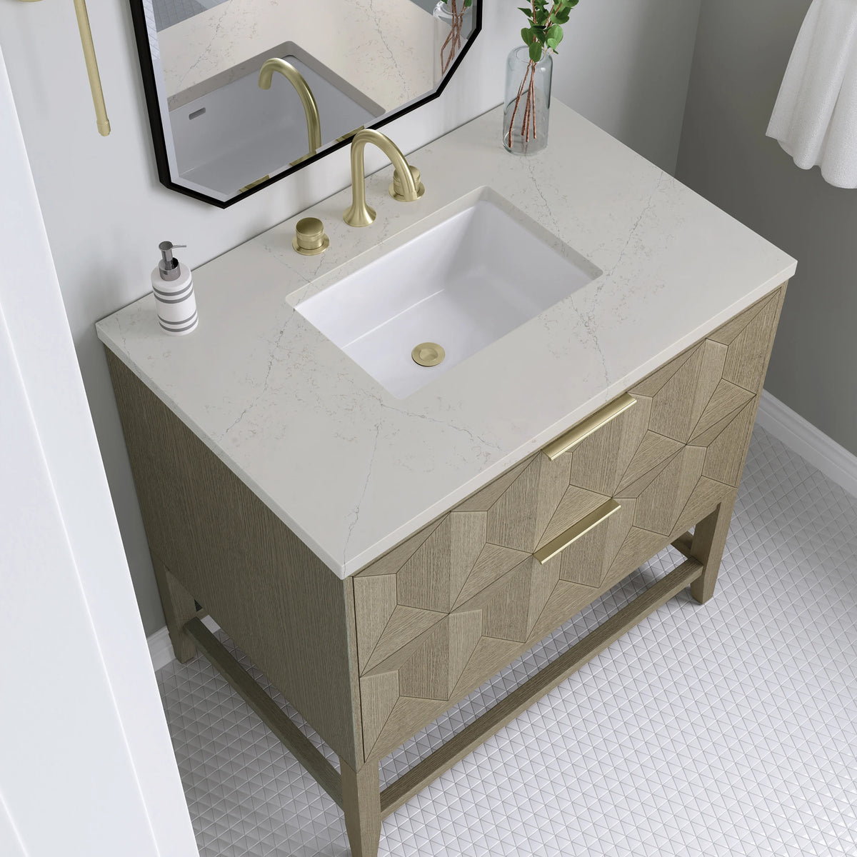 Emmeline 36" Single Vanity, Pebble Oak, w/ 3 CM Siberian Silestone Top, view 4