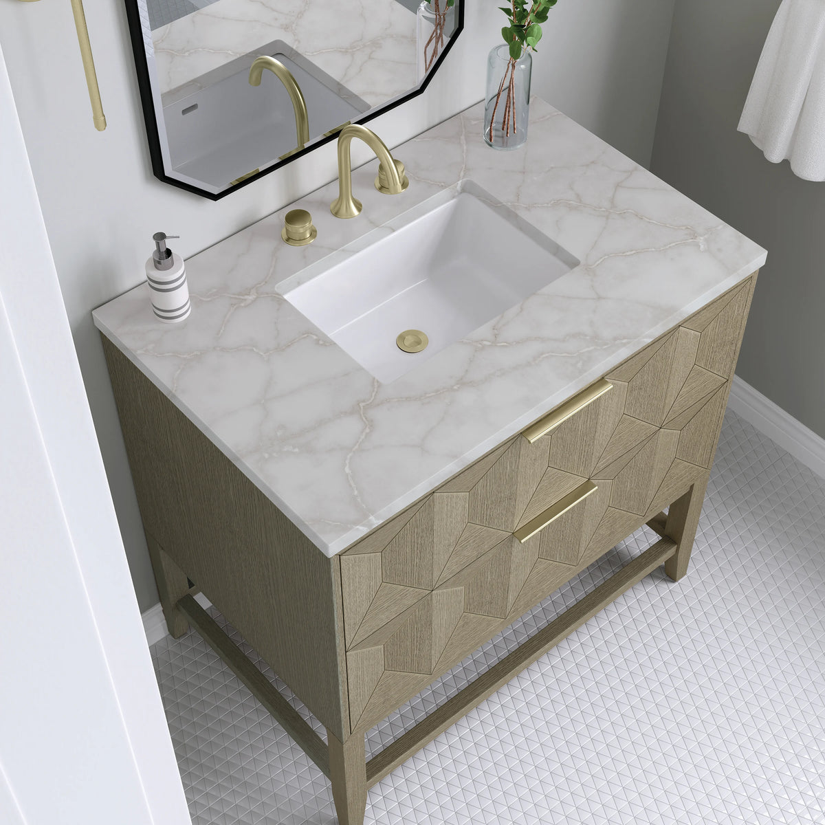 Emmeline 36" Single Vanity, Pebble Oak w/ 3 CM Victorian Silver Top, view 4