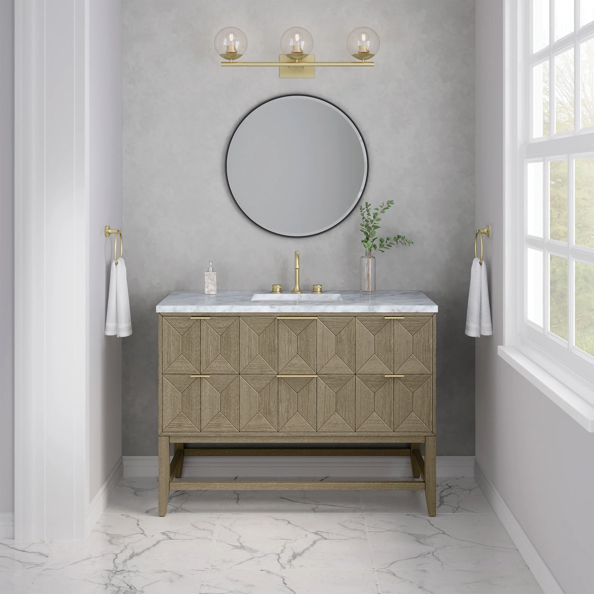 Emmeline 48" Single Vanity, Pebble Oak w/ 3 CM Carrara White Marble Top, view 3