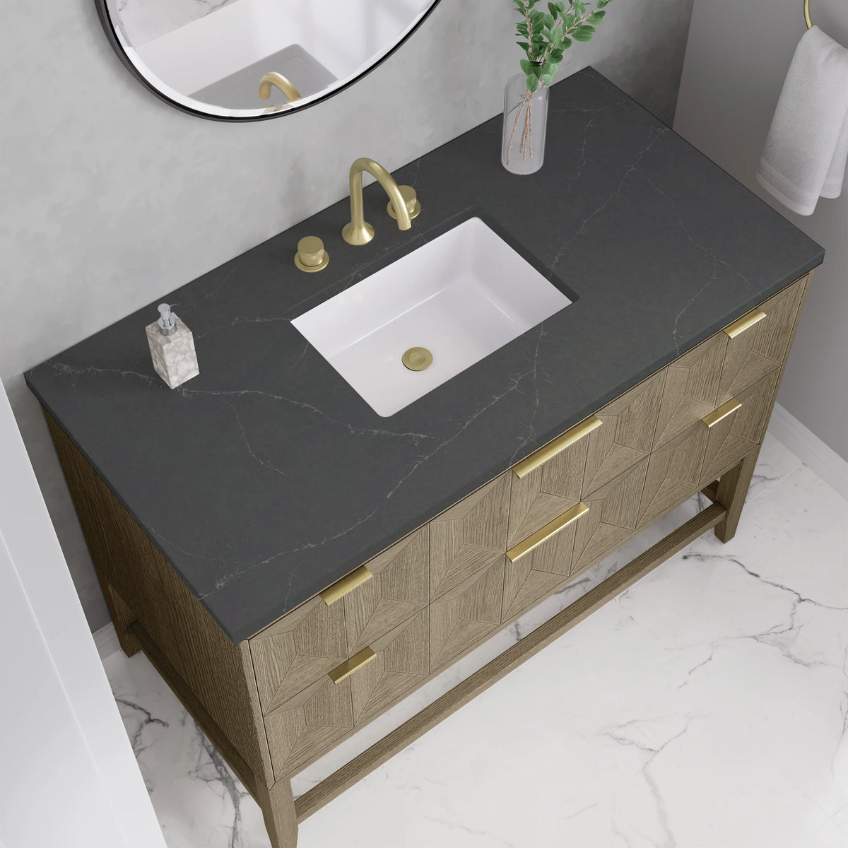 Emmeline 48" Single Vanity, Pebble Oak w/ 3 CM Charcoal Soapstone Silestone Top, view 6