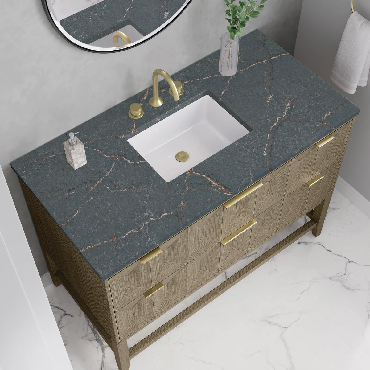 Emmeline 48" Single Vanity, Pebble Oak w/ 3 CM Parisien Bleu Silestone Top, view 6