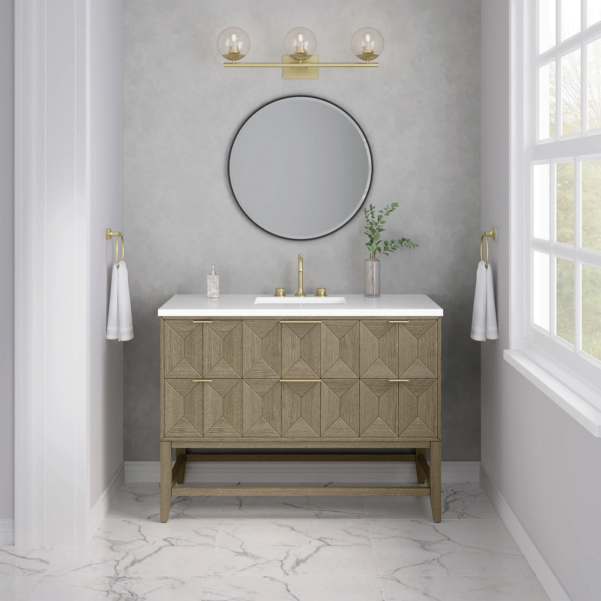 Emmeline 48" Single Vanity, Pebble Oak w/ 3 CM White Zeus Silestone Top, view 4