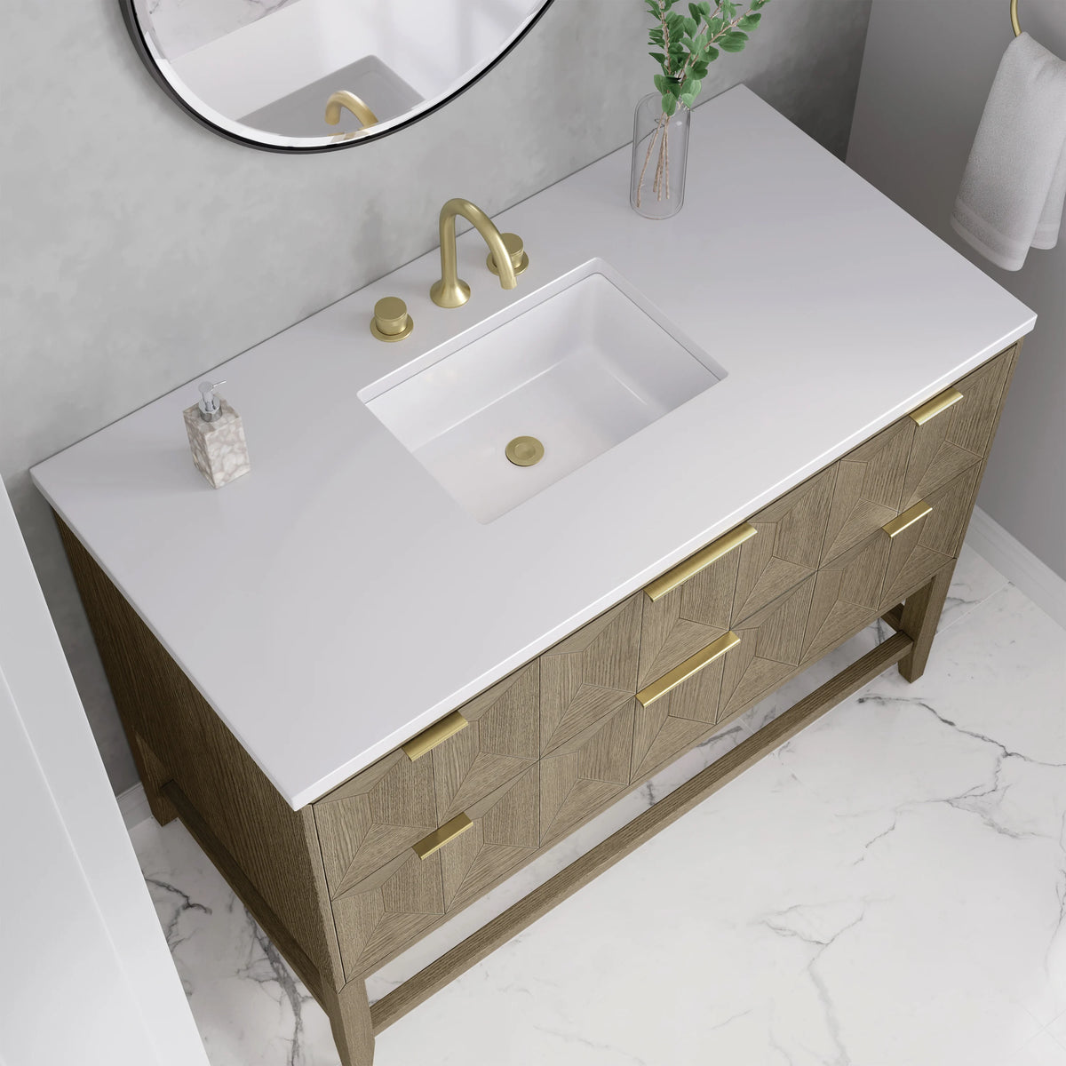 Emmeline 48" Single Vanity, Pebble Oak w/ 3 CM White Zeus Silestone Top, view 7