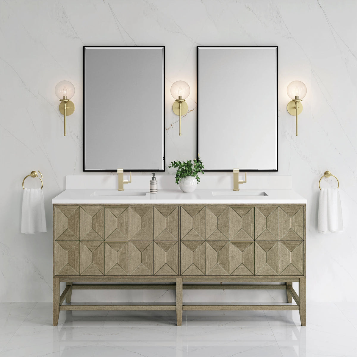 Emmeline 72" Double Vanity, Pebble Oak w/ Single Hole 3 CM White Zeus Top & Backsplash, view 2