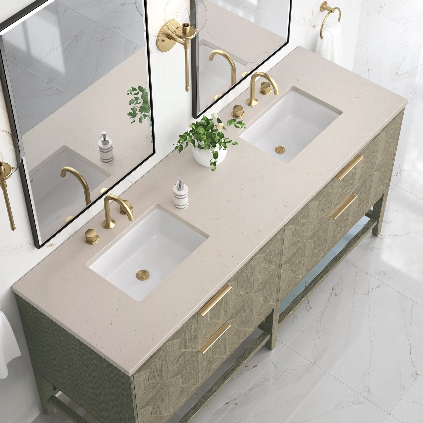 Renovate for Less Atlanta Emmeline 72" Double Vanity, Pebble Oak w/ 3 CM Eternal Marfil Top, view 6