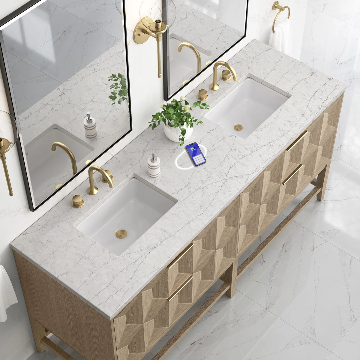 Emmeline 72" Double Vanity, Pebble Oak w/ 3 CM Eternal Jasmine Pearl Top w/FreePower Wireless Charger, view 9