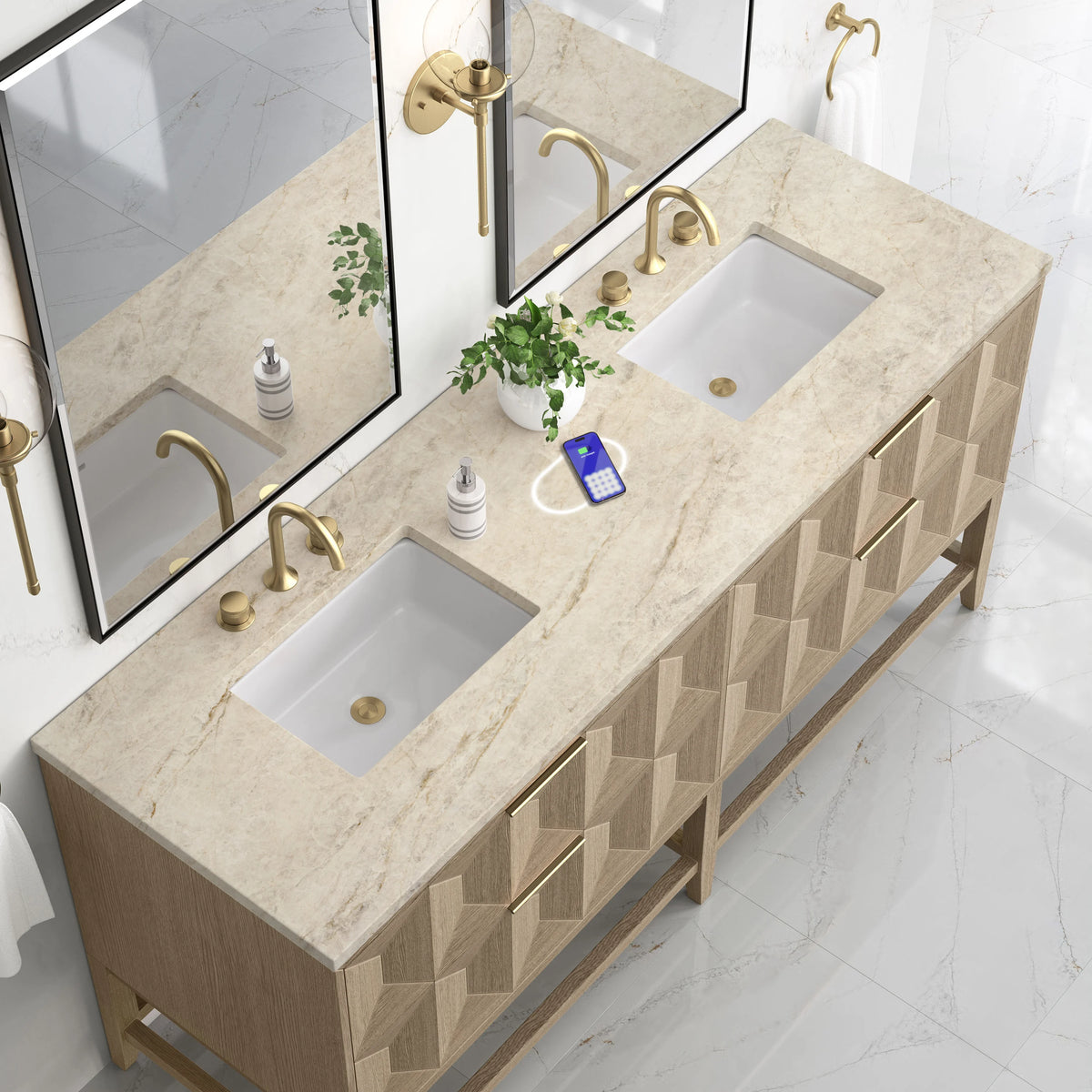 Emmeline 72" Double Vanity, Pebble Oak, w/ 3 CM Tajnar Eclos Top w/FreePower Wireless Charger, view 7