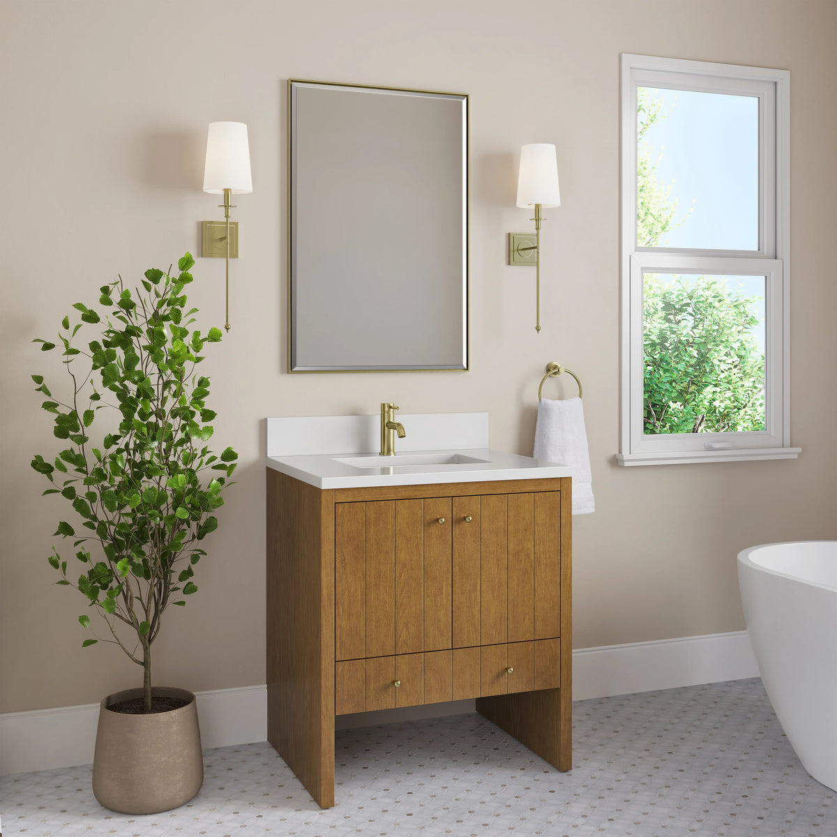 Hudson 30" Single Vanity, Honey Oak w/ Single Hole 3 CM White Zeus Silestone Top and Matching Backsplash, view 4