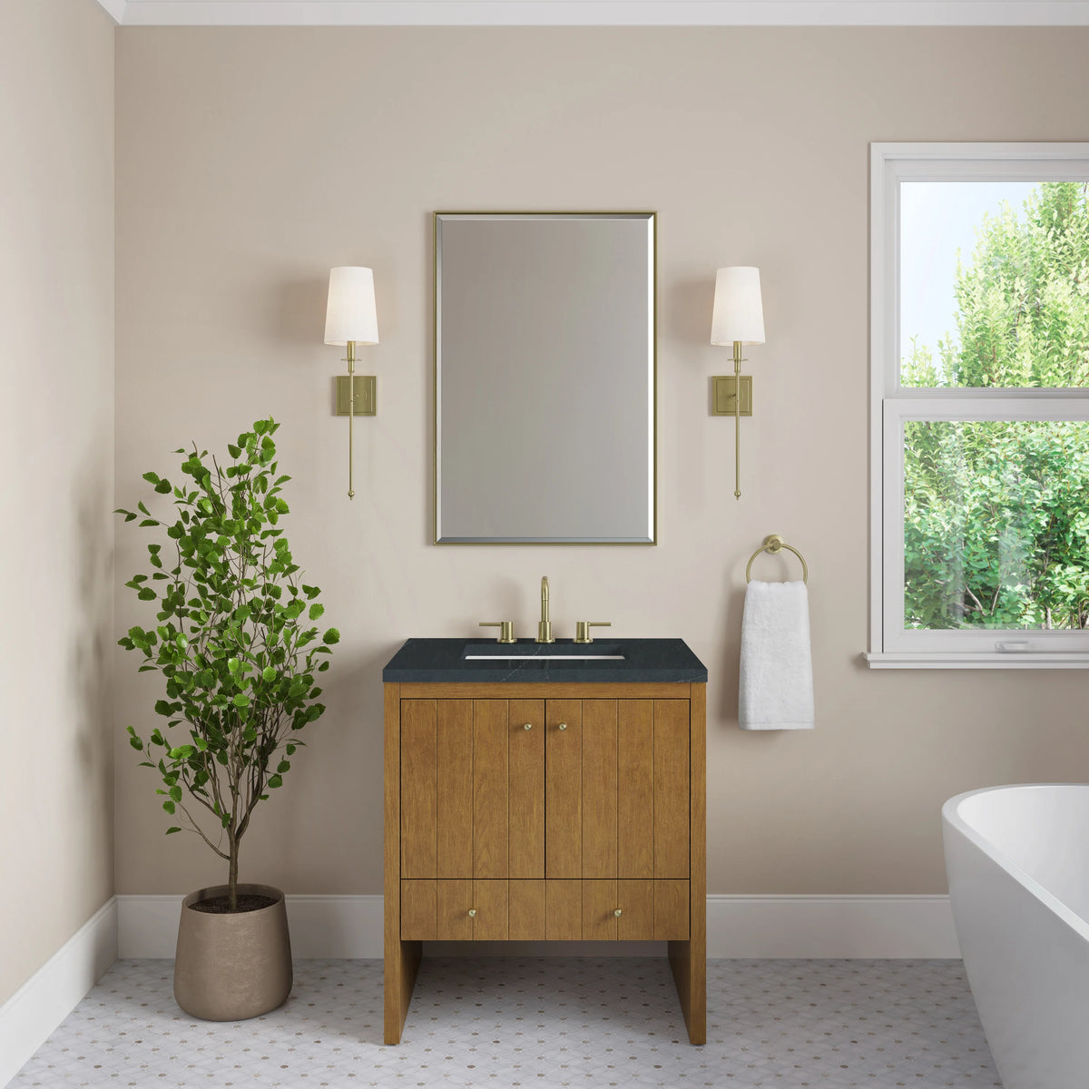 Hudson 30" Single Vanity, Honey Oak w/ 3 CM Charcoal Soapstone Silestone Top, view 3