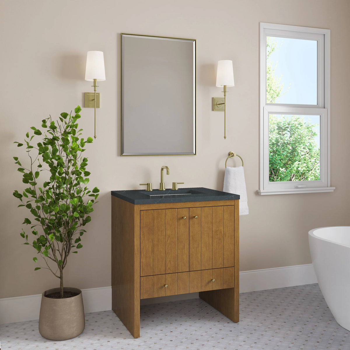 Hudson 30" Single Vanity, Honey Oak w/ 3 CM Charcoal Soapstone Silestone Top, view 4