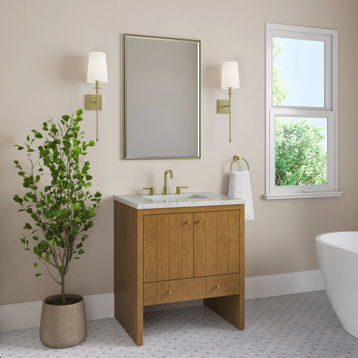 Hudson 30" Single Vanity, Honey Oak w/ 3 CM Eternal Jasmine Pearl Silestone Top, view 4