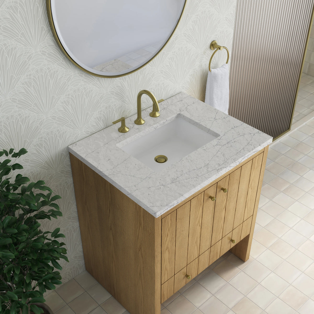 Hudson 30" Single Vanity, Light Natural Oak w/ 3 CM Eternal Jasmine Pearl Silestone Top, view 8