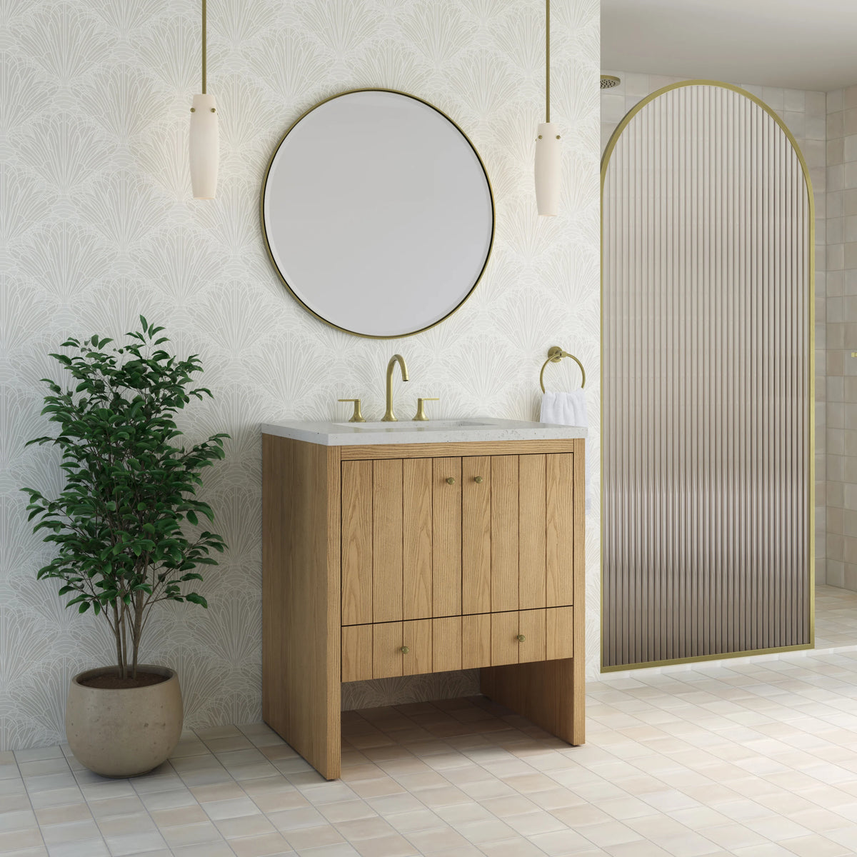 Hudson 30" Single Vanity, Light Natural Oak w/ 3 CM Lime Delight Silestone Top, view 4