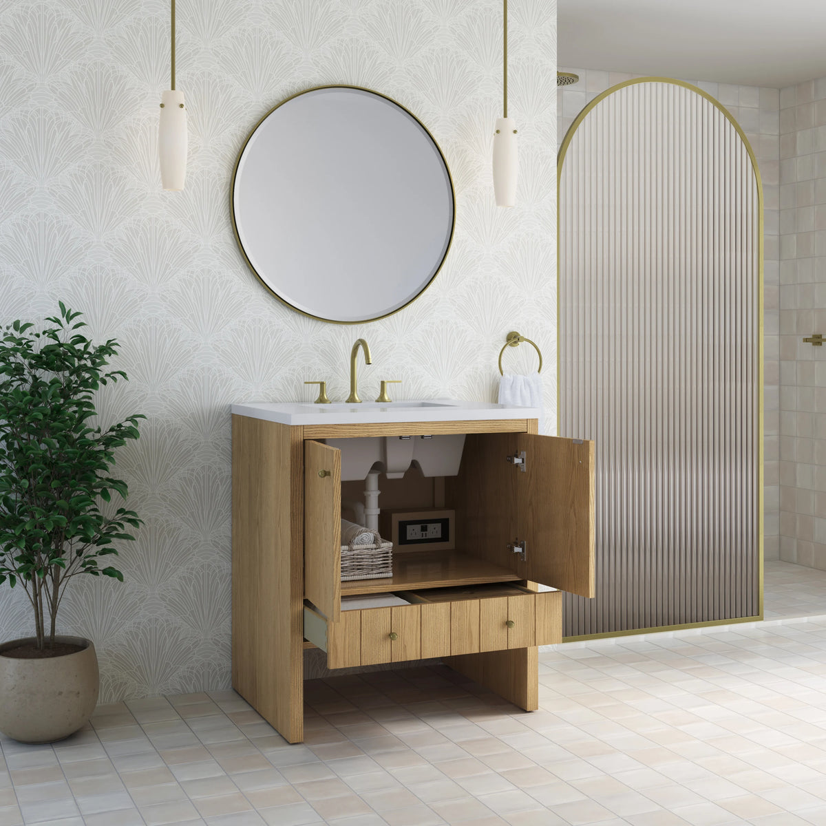 Hudson 30" Single Vanity, Light Natural Oak w/ 3 CM White Zeus Silestone Top, view 7