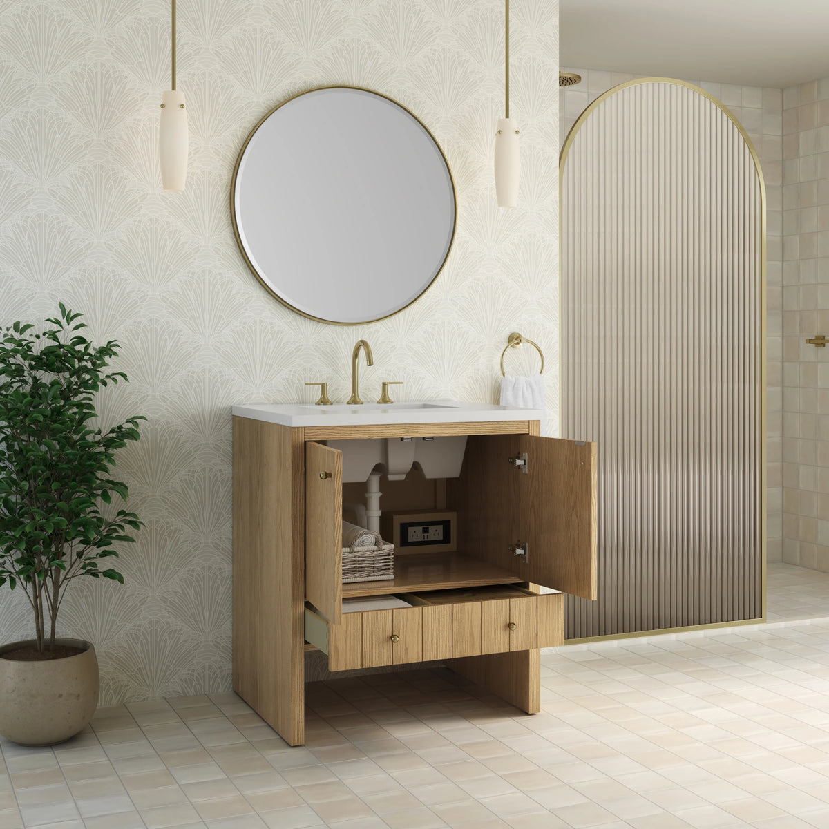 Hudson 30" Single Vanity, Light Natural Oak w/ 3 CM White Zeus Silestone Top, view 8