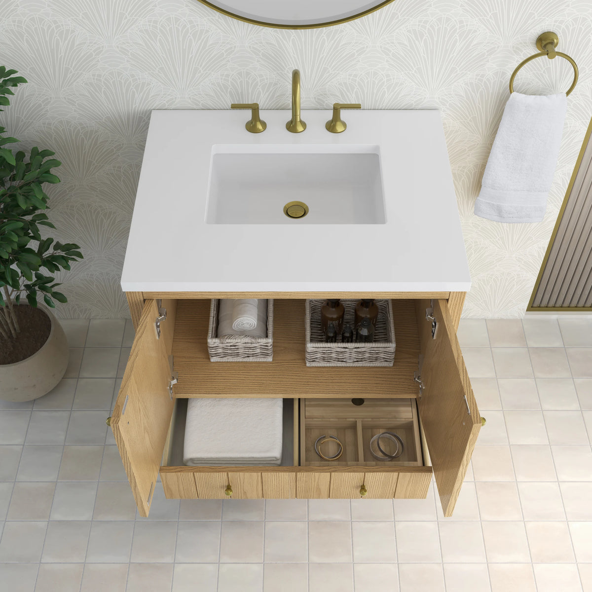 Hudson 30" Single Vanity, Light Natural Oak w/ 3 CM White Zeus Silestone Top, view 9