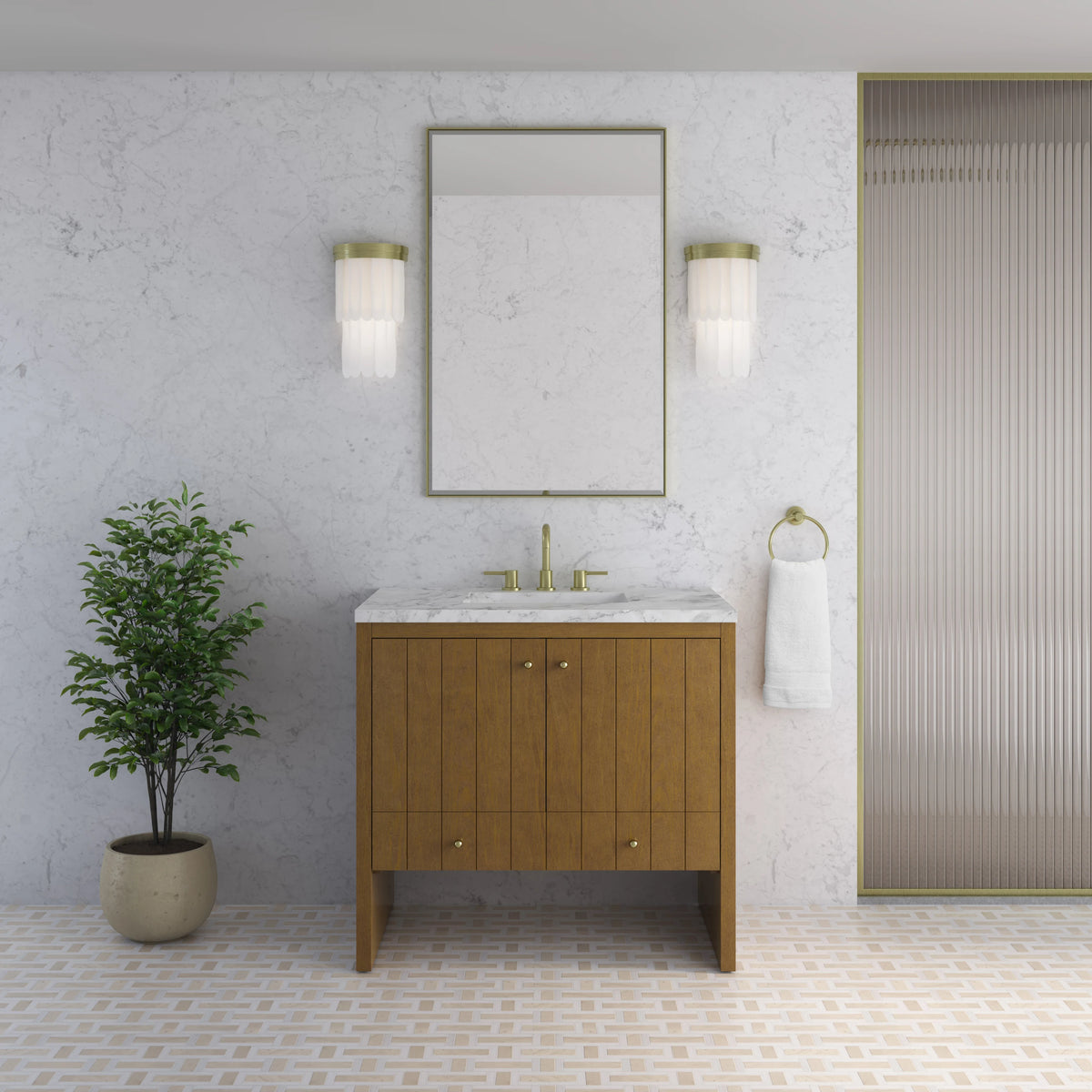 Hudson 36" Single Vanity, Honey Oak w/ 3 CM Carrara Marble Top, view 3