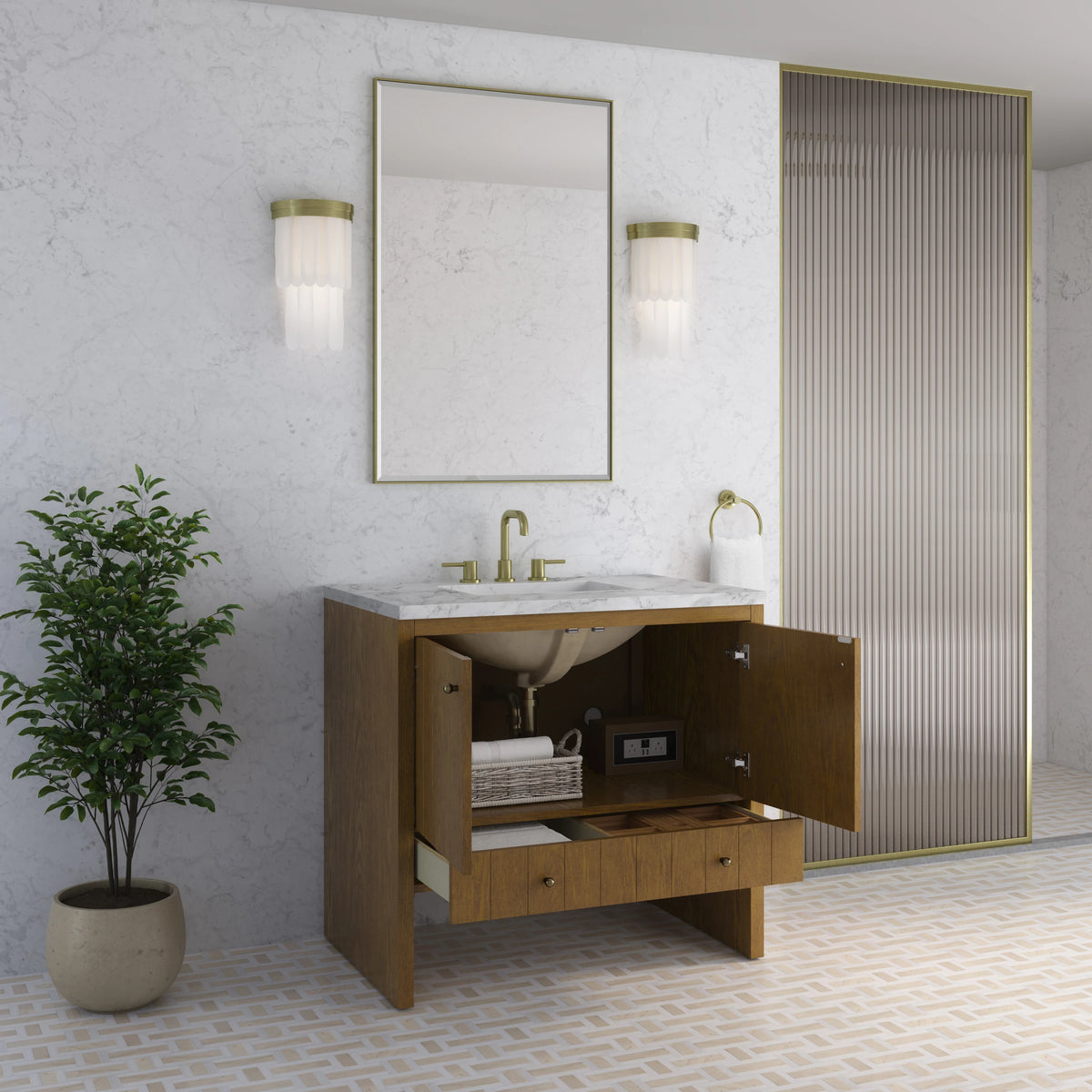 Hudson 36" Single Vanity, Honey Oak w/ 3 CM Carrara Marble Top, view 5