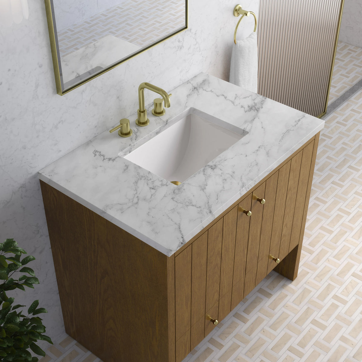 Hudson 36" Single Vanity, Honey Oak w/ 3 CM Carrara Marble Top, view 8